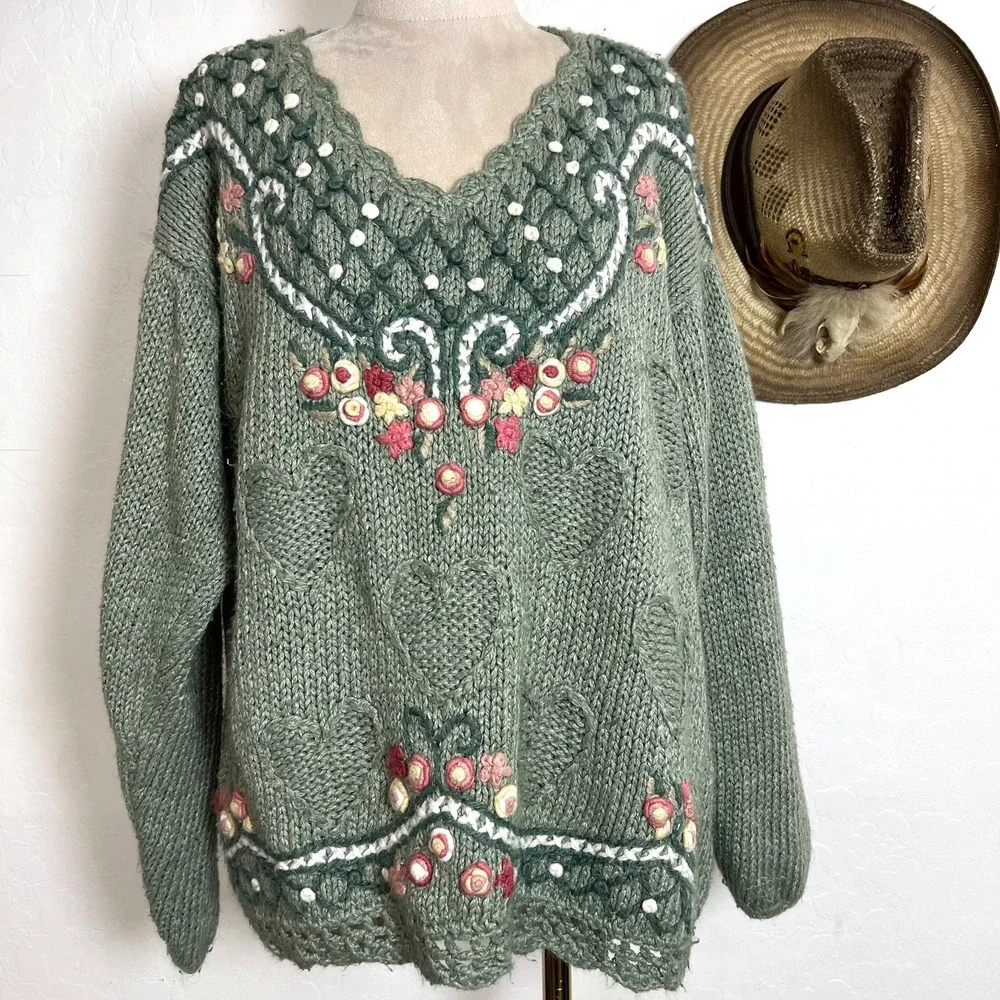 VTG Shenanigans Hand Knit Sweater L Sage Green Floral Hearts Country Cottage
